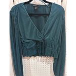 Sincerely Jules  Teal Ribbed Drawstring Ruched V Neck Long Sleeve Crop Top L Photo 1