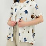 vtg dreamy watercolor ivory slate blue delicate button down top feminine floral White Size L Photo 7