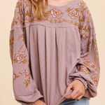 In Loom In Loom Rose Taupe Embroidered Drop Sleeve Blouse Mauve Peasant Floral Medium Photo 0