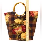 Cynthia Hart Los Angeles Floral Plaid Tote Bag Bamboo Handles Gold Brown Photo 5
