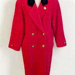 London Fog Vintage 80s Red Wool Long Coat Black Velvet Collar Gold Button 10 P Photo 0