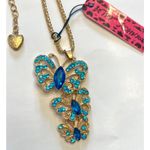 Betsey Johnson 3 Cascading BUTTERFLY NECKLACE Blue Rhinestone Popcorn Gold Chain Photo 0