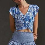 Anthropologie ‎ Maeve Blue White Floral Paisley Ruffle Sleeve Top Photo 0