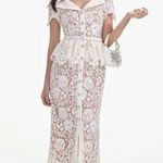 Self Portrait Cream Lace Peplum Midi Dress Wedding Bridal Cocktail US 2 NWT White Photo 0