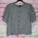 Who What Wear  BLACK WHITE BUFFALO CHECK PLAID PUFF SLEEVE BUTTON FRONT BLOUSE Photo 0