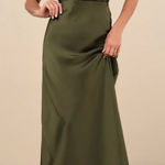 Lulus NWT Women's Distinctive Charm Olive Green Satin Asymmetrical Maxi Dress L Photo 0