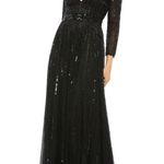 Mac Duggal  Deep Plunge V Neck Long A-Line Ballgown Black NWT Prom Formsl Size 6 Photo 0