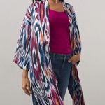 Chico's  Navy Blue White Orange Purple Boho Ikat Kimono Jacket Cardigan Photo 0