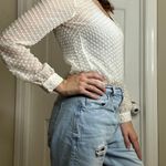 Beyond Vintage Swiss Dot V-Neck Long Sleeve Sheer Silk Top in White - Small Photo 3