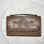 Antique Tooled Leather Clutch Handbag Brown Gold Taffeta Kiss Lock Handle Purse Photo 1