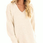 Spanx  AirEssentials Brushed Tunic Cream Heather V-Neck Sweater Fleece Sweatshirt Photo 0