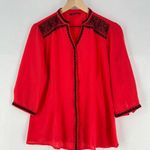 ELXSI Coral Chiffon Embroidered Button Front Top Split Neck Mandarin Collar Pink Size XL Photo 0