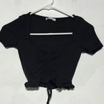 ZARA Black Cinched Front V-Neckline Ruffle Hem Short Sleeve Crop Top Size Small Photo 0