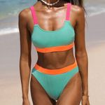 Cupshe  Rib Neon Colorblock Scoop Neck Top & Hipster Bikini NWT Sz L Photo 0