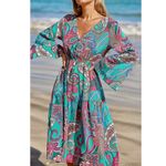 Cupshe  Resort Dress Bell Sleeve Coastal Paisley Midi Beach Sz Women’s Small NWT Photo 1
