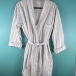 Miss Elaine Cotton Robe M | Vintage Striped Terry Cloth Housecoat Lace Trim Belt White Size M Photo 0
