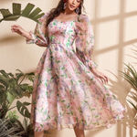 SheIn Modely lantern sleeves floral sheer overlay midi dress Photo 0