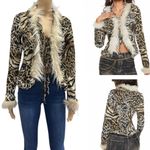 Romwe Leopard Print Faux Fur Long Sleeve Tie Front Ruffle Lightweight Cardigan Top M Photo 1