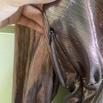 Small Pink Rose Gold Metallic Ruched Plunge Neck Long Sleeve Wrap Cocktail Dress Photo 4