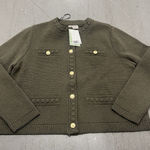 H&M  Army Green Textured Knit Cardigan Jacket Gold Button Front Women's XL Photo 0