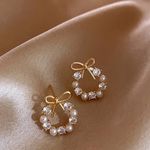 Gold Pearl Bow Earrings White Photo 1