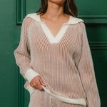 Two Tone Ribbed Sweater and Pants Set Tan Size L Photo 4