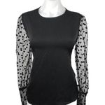 SheIn Black Crew Neck Polka Dot Mixed Mesh Puff Long Sleeve Blouse Top Size 6 Photo 0