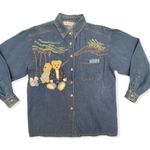 Vintage Embroidered Teddy Bear Chambray Denim Button Down Shirt Blue Photo 0