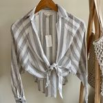 Boutique Grade & Gather Striped Tie Front Collared Long Sleeve Top - S Photo 3