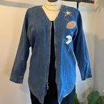 Vintage Denim Cotton Zip Up Sports Football Embroidered Jean Shirt Size Large Blue Photo 0