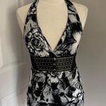 Y2K BLACK AND WHITE ROSE PRINT BELTED HALTER‎ NECK TANK TOP Size L Photo 0