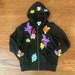 Embroidered Birds Floral Artisanal Zip Up Hoodie size Medium Black Photo 1
