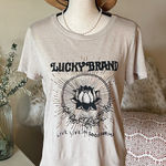 Lucky Brand  tan logo, Lotus, gold foiled graphic T-shirt, oversize small Photo 0