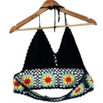 India Boutique Crop Top Womens S Black Crochet Floral Halter Boho Hippie 70s Photo 3