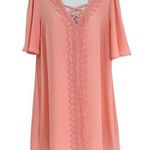 Urban Outfitters Sequin Hearts Coral Pink Floral Lace V-Neck Short Sleeve Tunic Dress Large Photo 0