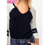 Free People  Ivory Navy Raglan Lace Crochet Scoop V-Neck Baseball Sporty Burnout Photo 0