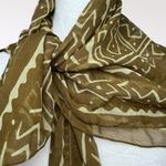 Vintage Sheer Square Scarf Khaki Green Batik Print Oversized Shawl Wrap Photo 1