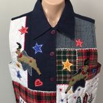 Reversal USA Quilted Christmas Vest Reindeer Plaid Snow Holiday Village Kitsch Size M Photo 1