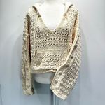 POL Ivory Chunky Loose Knit Chenille Cropped Hooded Sweater Button Long Sleeves Photo 3