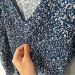 Blue Red Ditsy Floral V Neck Smocked Waist Ruffle Elastic Cuff Midi Dress Photo 6