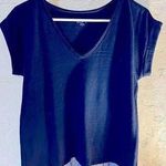 Loft Navy short sleeve vneck jersey shirt with adorable chambray ruffle size M Photo 0