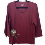 Talbots Womens Blouse Size L Owl Woodland Sequin Fall Autumn Maroon Wine Cute Photo 0