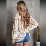 Beige V neck Lantern Sleeve Drawstring Tribal Print Blouse Blue Photo 2