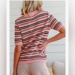 NEW Pink Crewneck Short Sleeve Striped Knit Hollow Out Sweater Shirts Blouse L Size L Photo 1