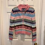 SO  Fair‎ Isle Cardigan Ski Sweater Large Juniors Zip Front Pink Colorful Y2k Photo 1