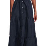 J. McLaughlin  Ruth Squareneck Maxi Dress Button Front Linen Navy Blue Medium Photo 0