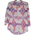 Soulmates Aztec Print Blouse Top Roll Tab Sleeve Button‎ Down Sheer Bohemian Photo 0