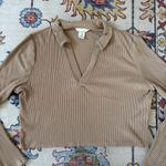 H&M Tan Ribbed Collared Cropped V-Neck Long Sleeve Top XL Photo 1