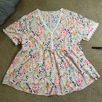 SheIn  Women’s 3XL Lace Splice V-Neck Floral Print Short Sleeve Shirt Peplum Top Photo 0