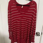 Free People Red and Grey Striped Waffle Knit Oversized Long Sleeve Photo 1